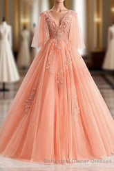 Lovey Tulle V-Neckline Long Party Dress With Lace, A-Line Tulle Sweet 16 Dress